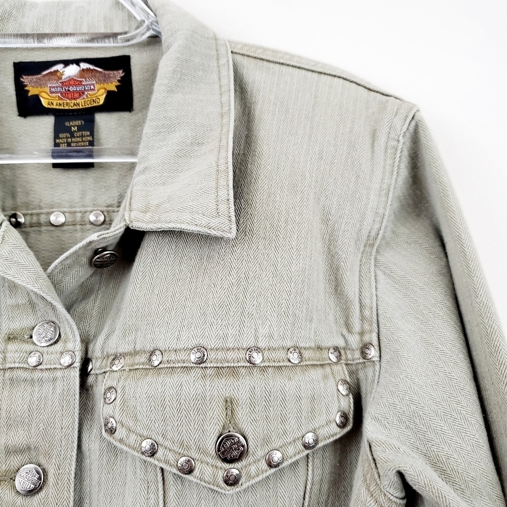 Harley Davidson | Taupe Studded Denim Crop Jacket - Picture 2 of 8
